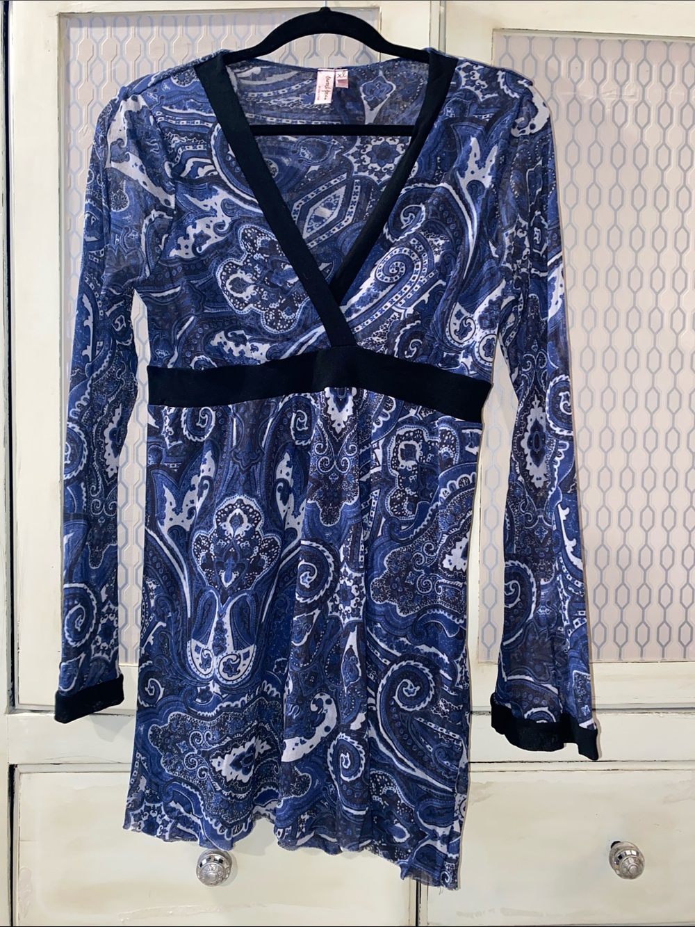 Sweet Pea Navy and White Paisley Wrap-Style Long Sleeve Tunic